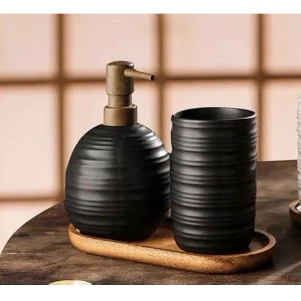3-Piece Ceramic Bathroom Set with Acacia Wood Tray Bathroom‎ Organizer, Black